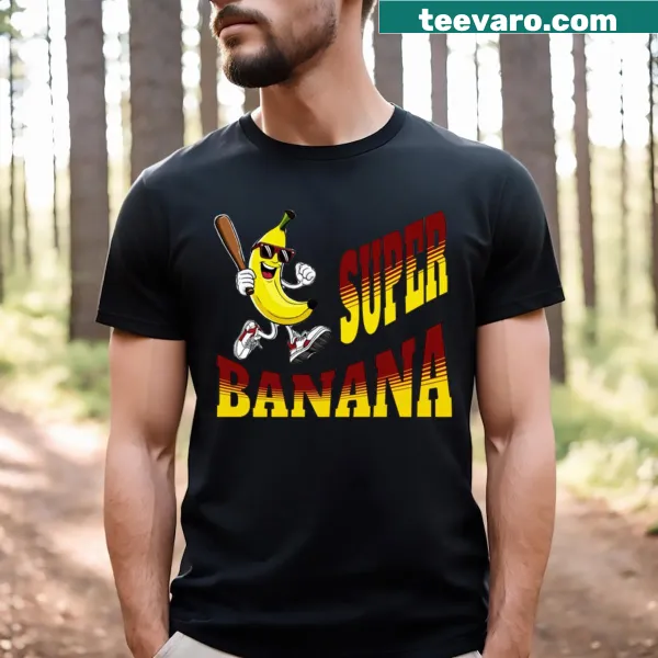 Cartoon graphic of a fun Super Banana on a t-shirt