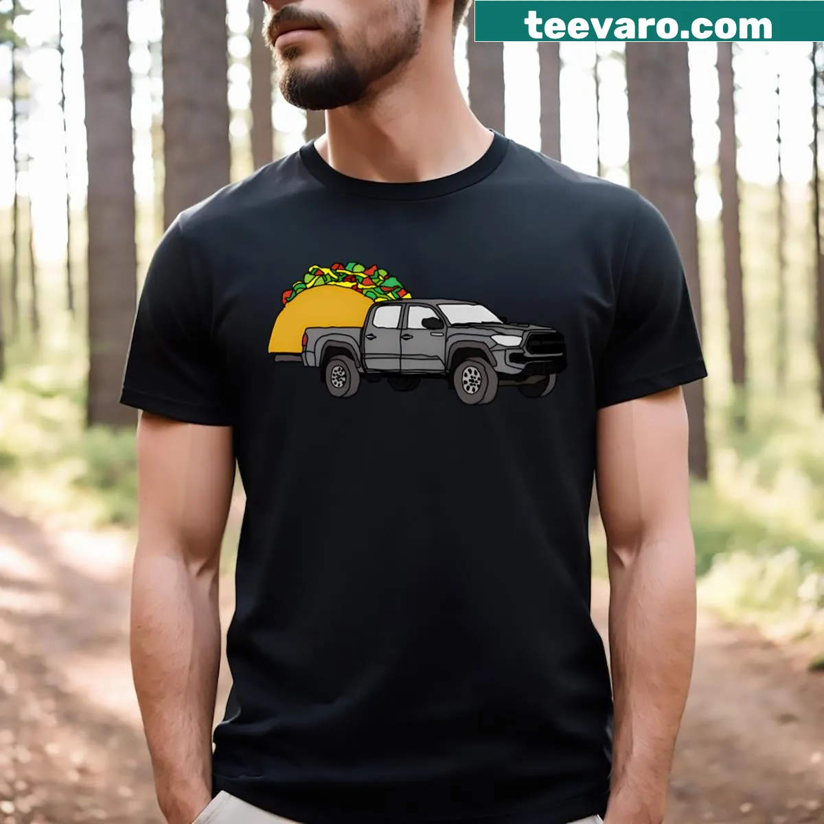 Illustrated t-shirt featuring a Tacoma truck for overlanding enthusiasts — on a men's t-shirt