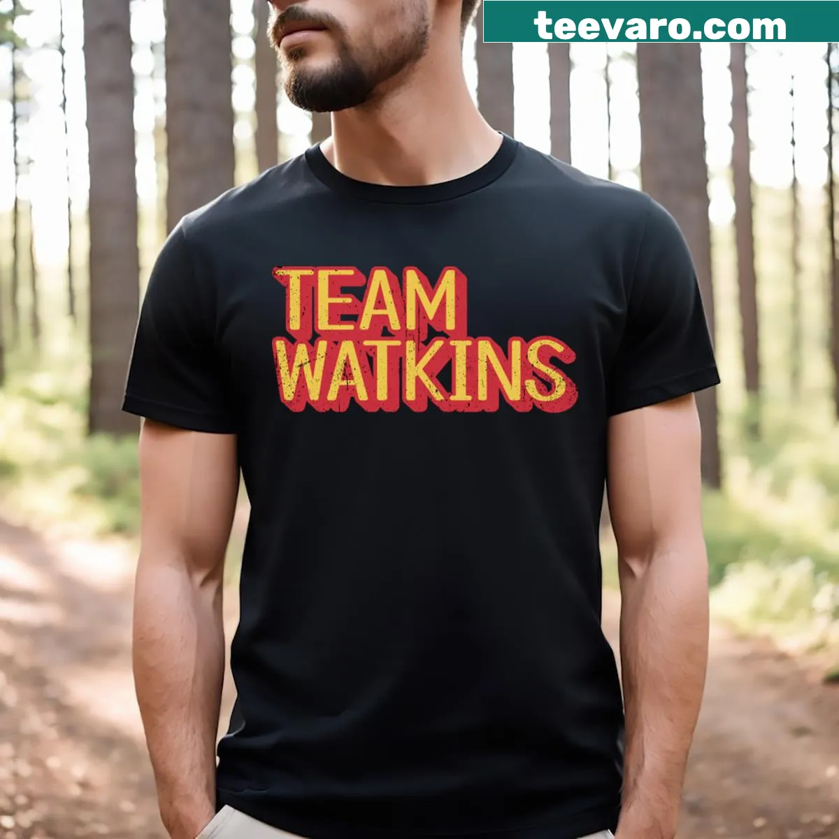 Vintage-style Team Watkins Juju 12 T-shirt with retro text design. — on a men's t-shirt