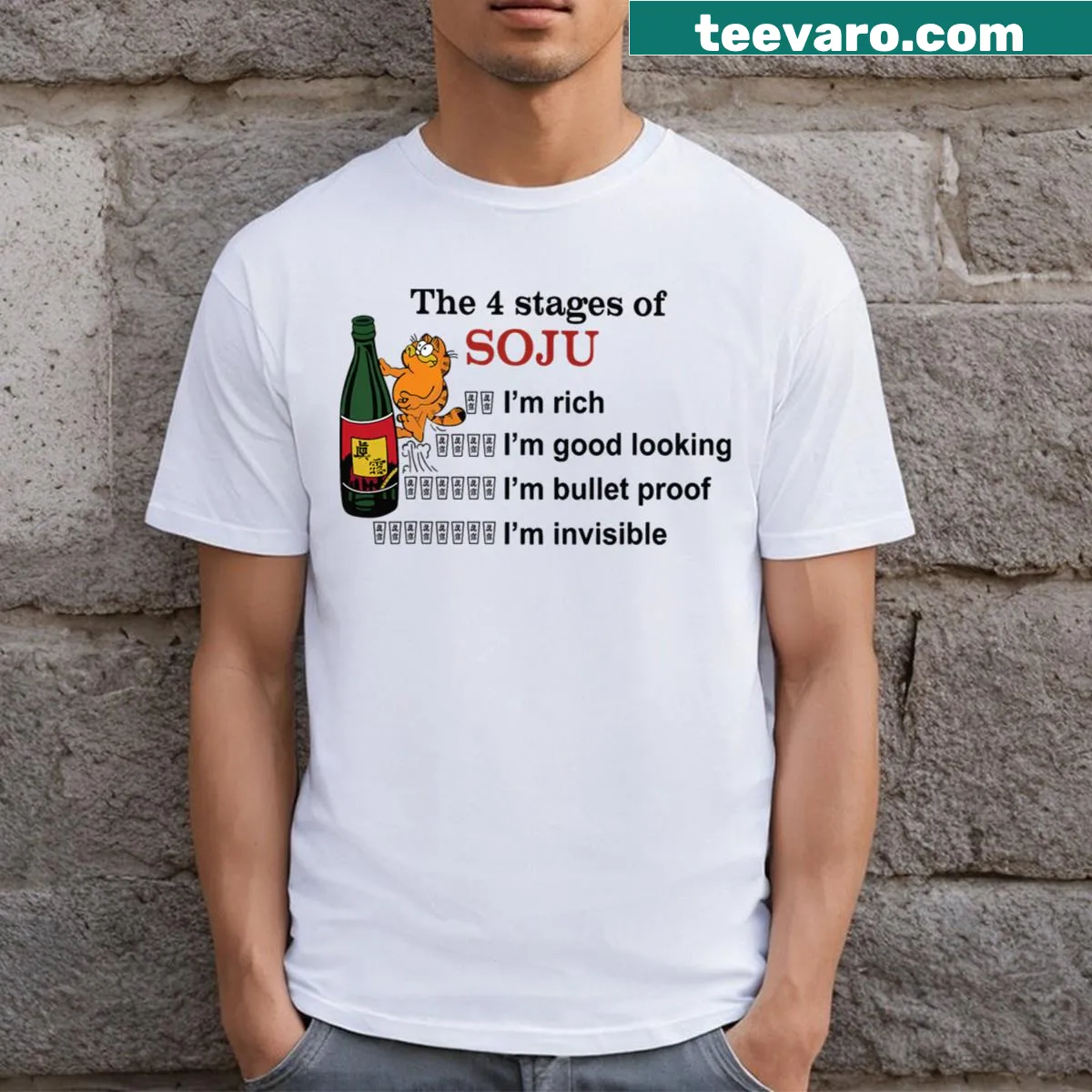 Whimsical graphic T-shirt illustrating the 4 stages of Soju enjoyment. — on a men's t-shirt
