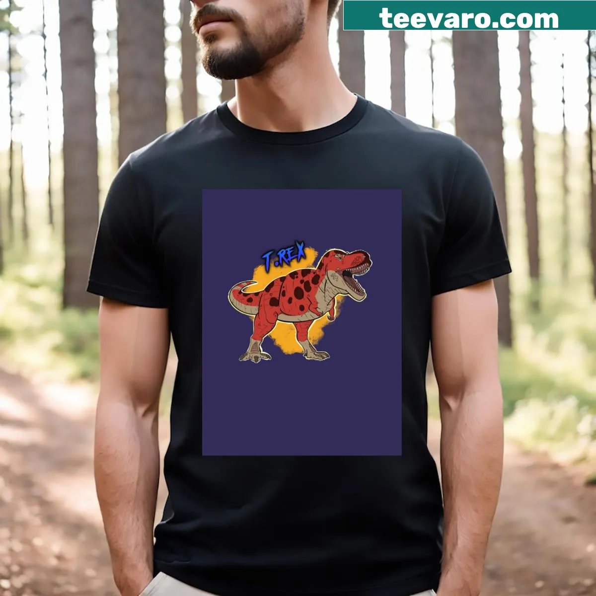 Graphic t-shirt featuring a fierce T-Rex design — on a men's t-shirt