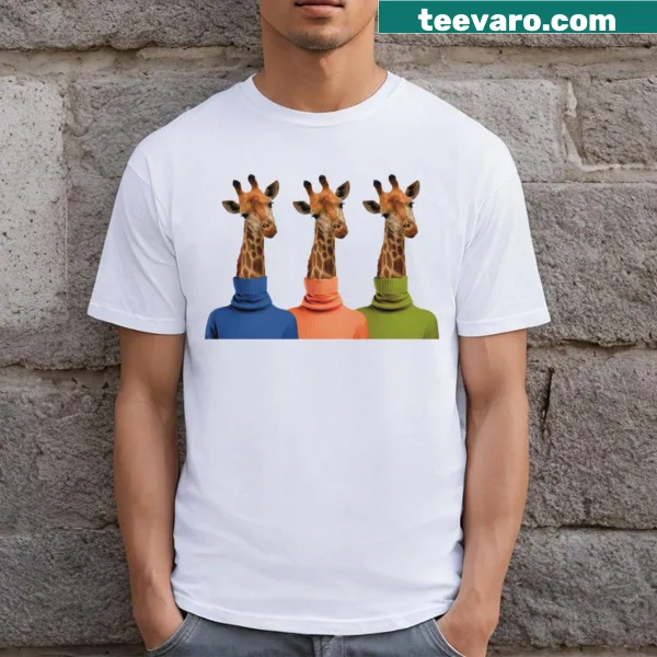 Whimsical design of three funny giraffes in colorful turtlenecks.