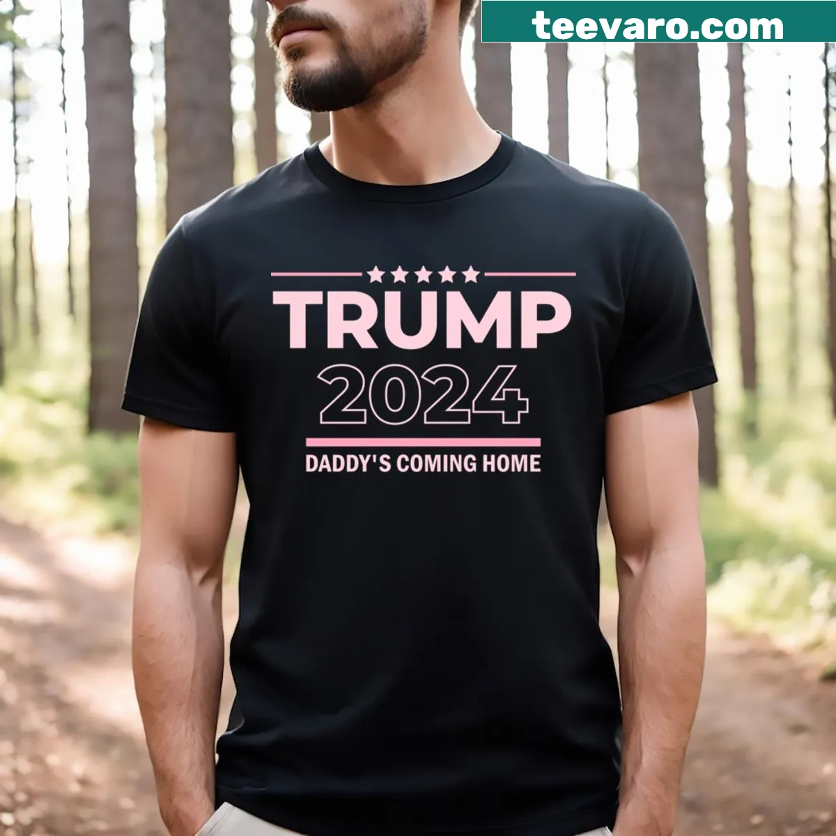 Bold t-shirt supporting Trump with the text 'Daddy's Coming Home.' — on a men's t-shirt