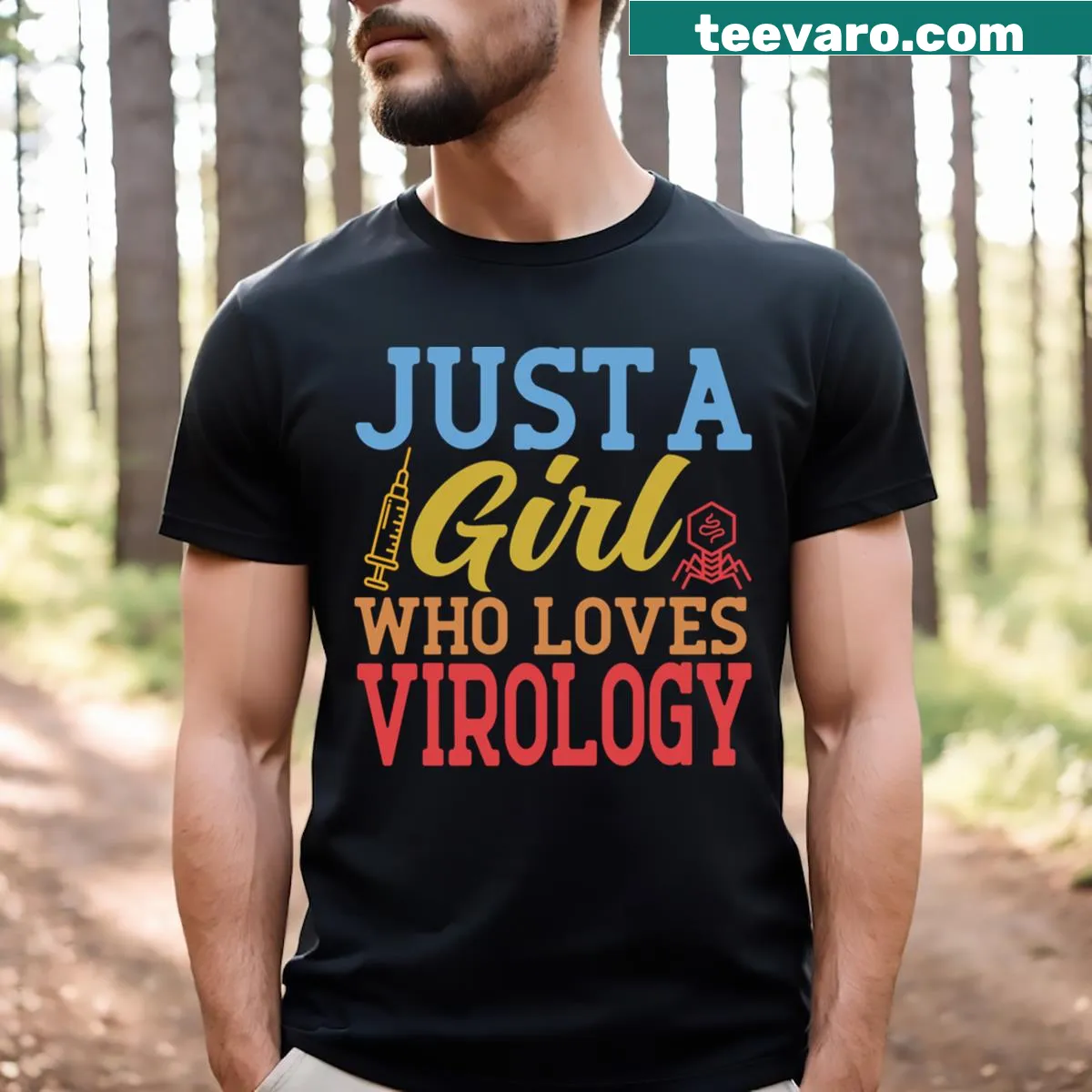 Funny T-shirt featuring 'Virology Girl' text design — on a men's t-shirt
