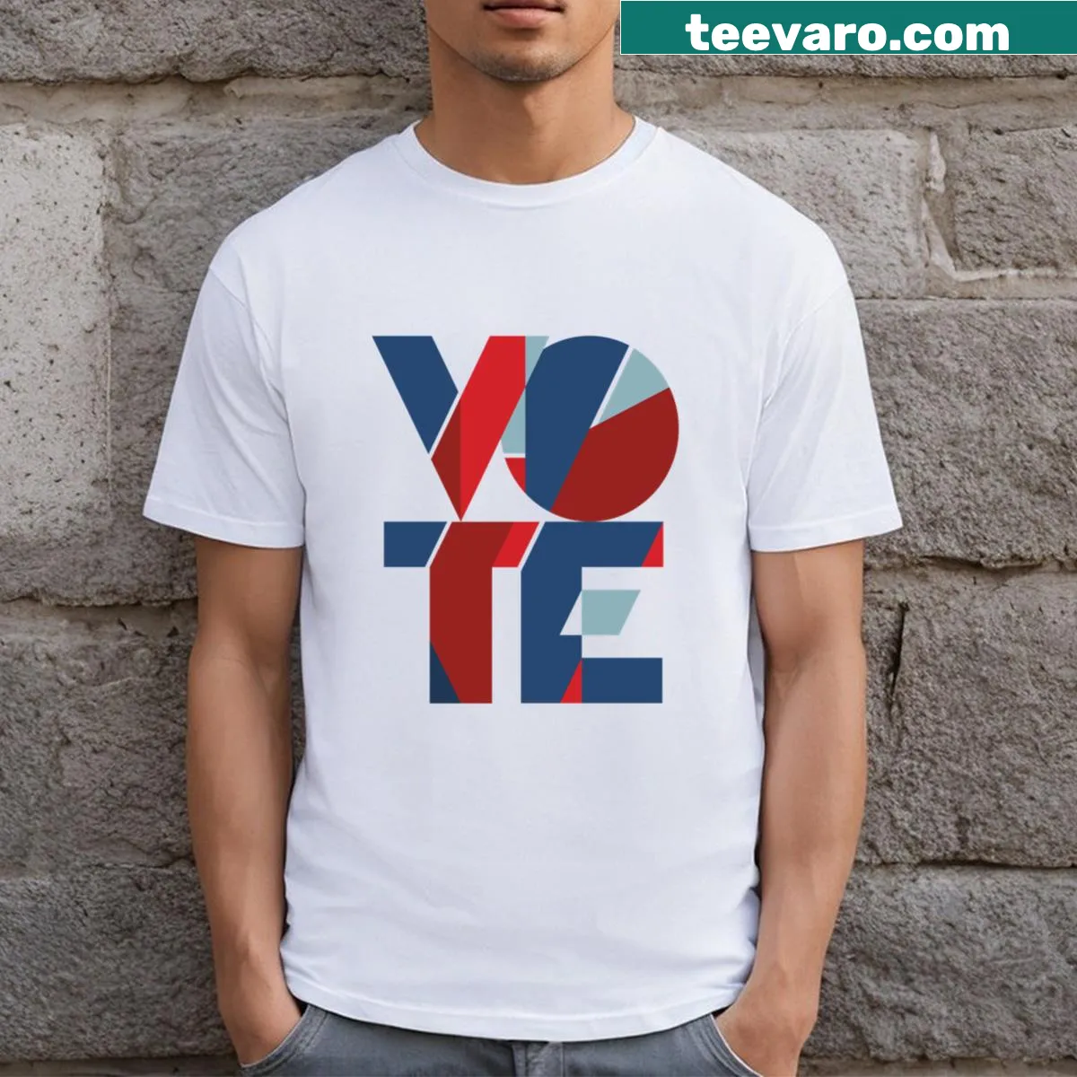 T-shirt with a geometric design promoting voting and elections. — on a men's t-shirt