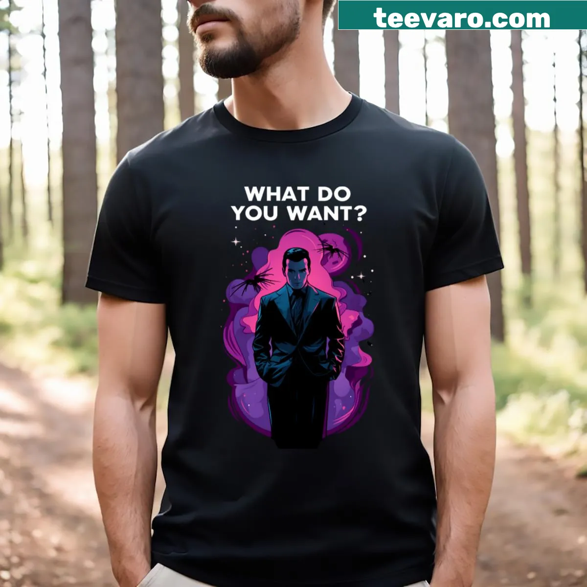 Minimalist typographical T-shirt asking 'What Do You Want?' — on a men's t-shirt