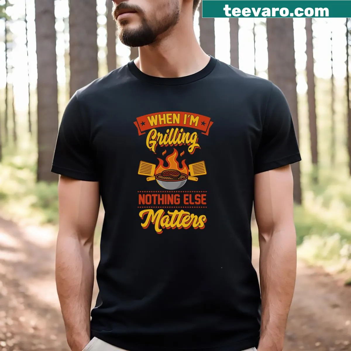 Illustrated T-shirt celebrating grilling with the phrase 'When I'm Grilling' — on a men's t-shirt