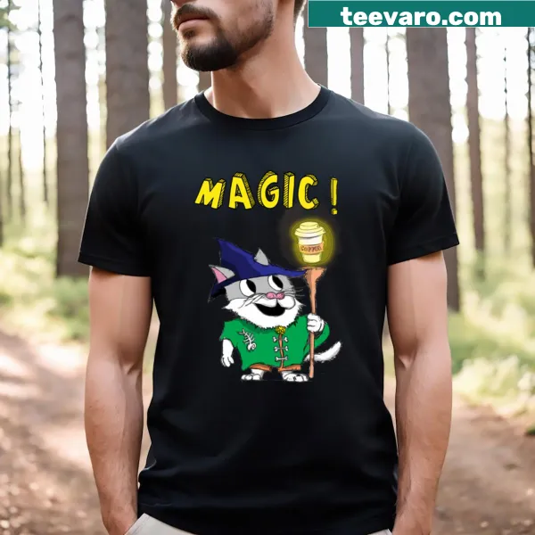 Whimsical cartoon of a wizard cat on a t-shirt