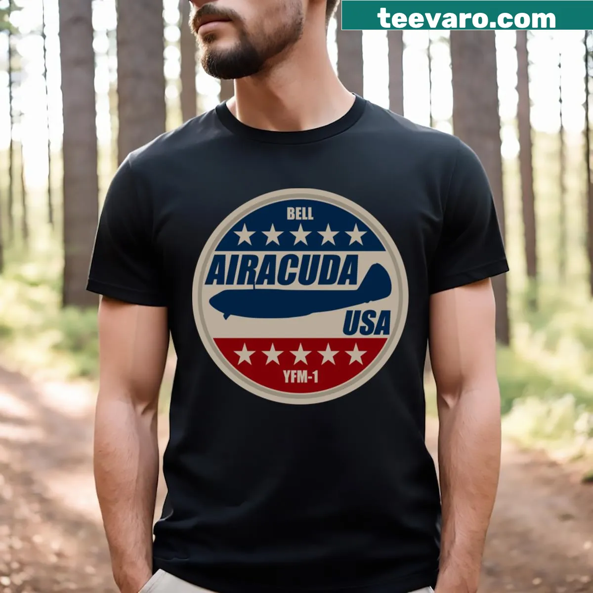 Badge-emblem T-shirt featuring the Yfm Airacuda — on a men's t-shirt