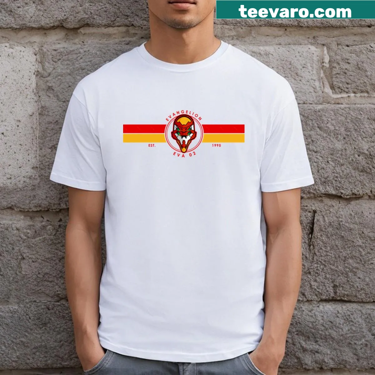 Retro T-shirt featuring Eva02 design from classic anime. — on a men's t-shirt