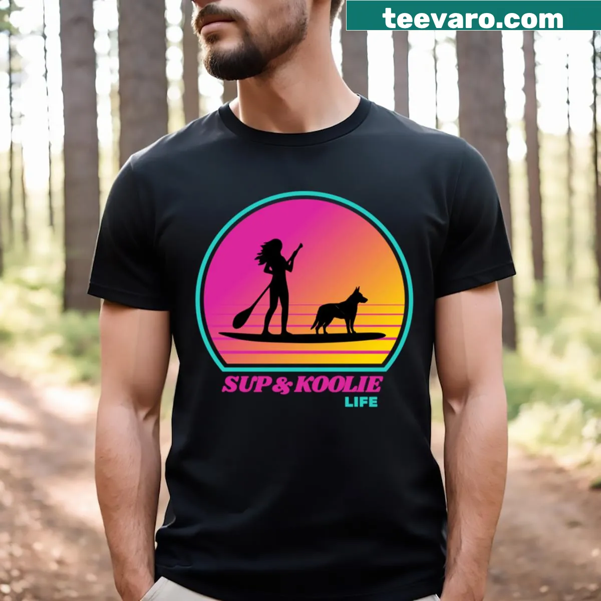 Retro-style paddleboarding T-shirt celebrating moms and summer life — on a men's t-shirt