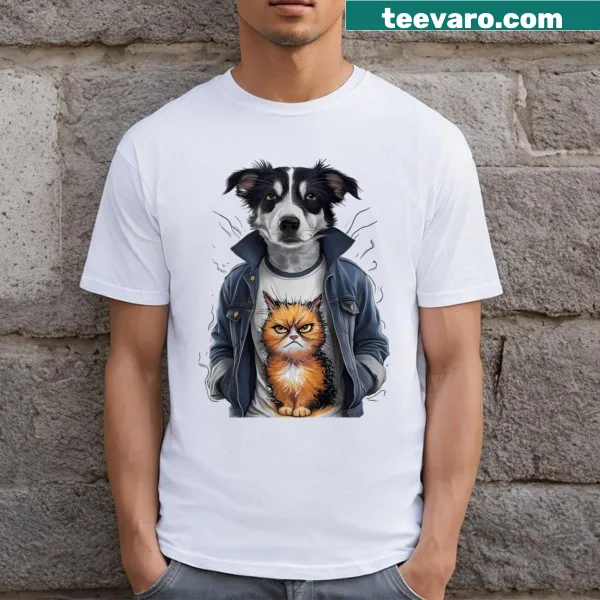 Whimsical illustration of a dog dressed in a cat costume on T-shirt