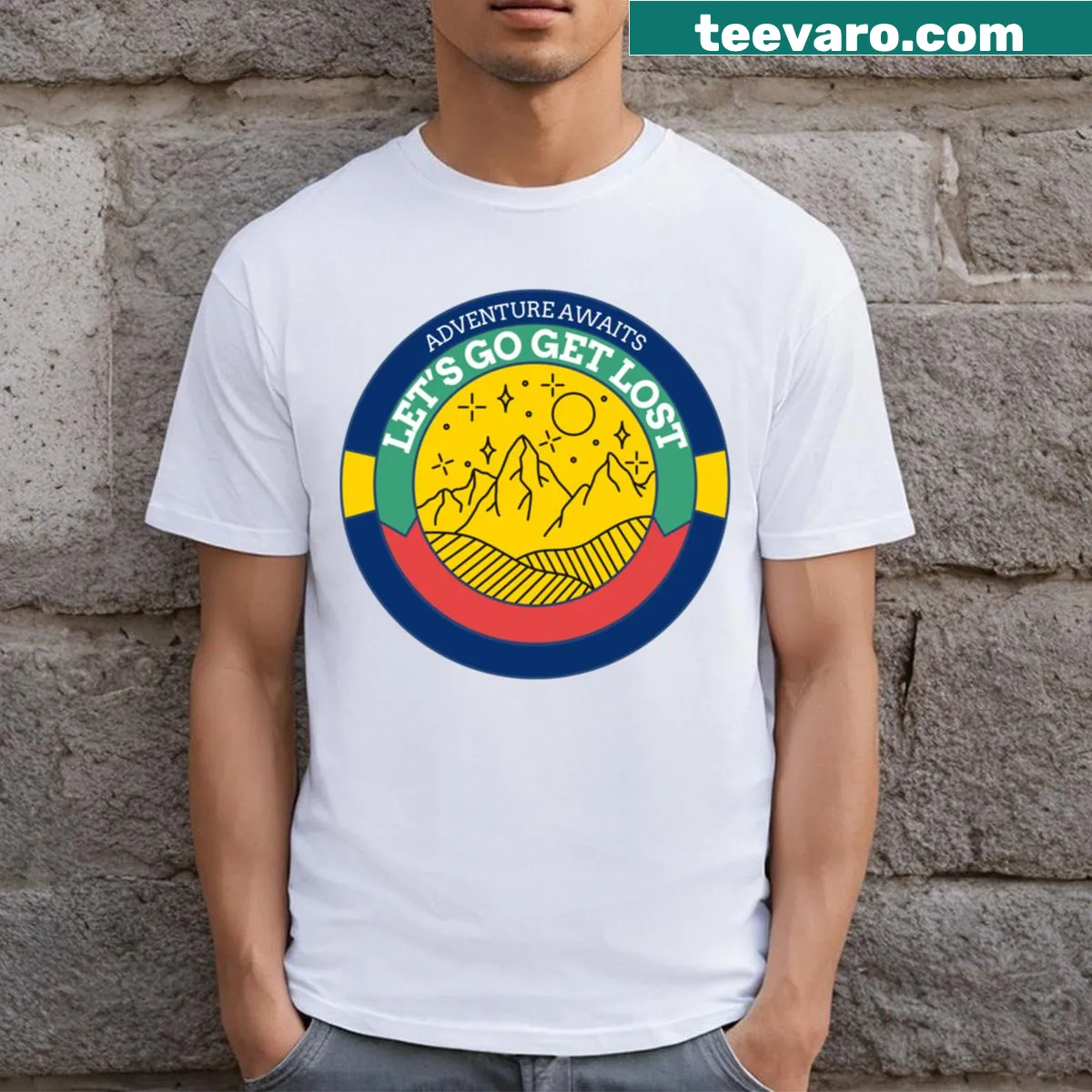 Adventure-themed t-shirt with text and path graphic — on a men's t-shirt