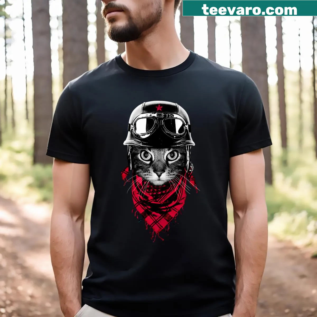 Illustrated adventurous cat on a T-shirt — on a men's t-shirt
