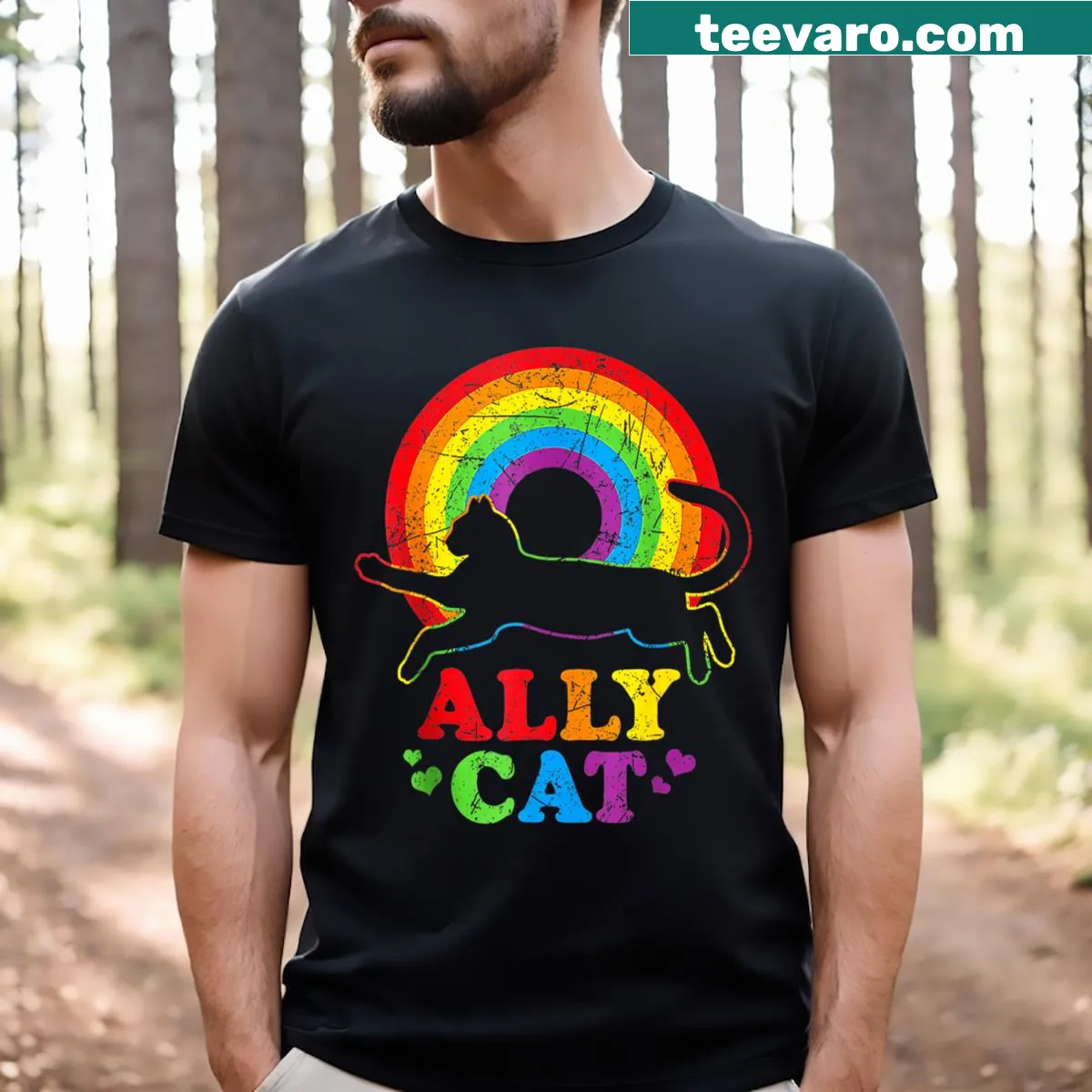 Playful LGBT ally cat t-shirt with rainbow design — on a men's t-shirt