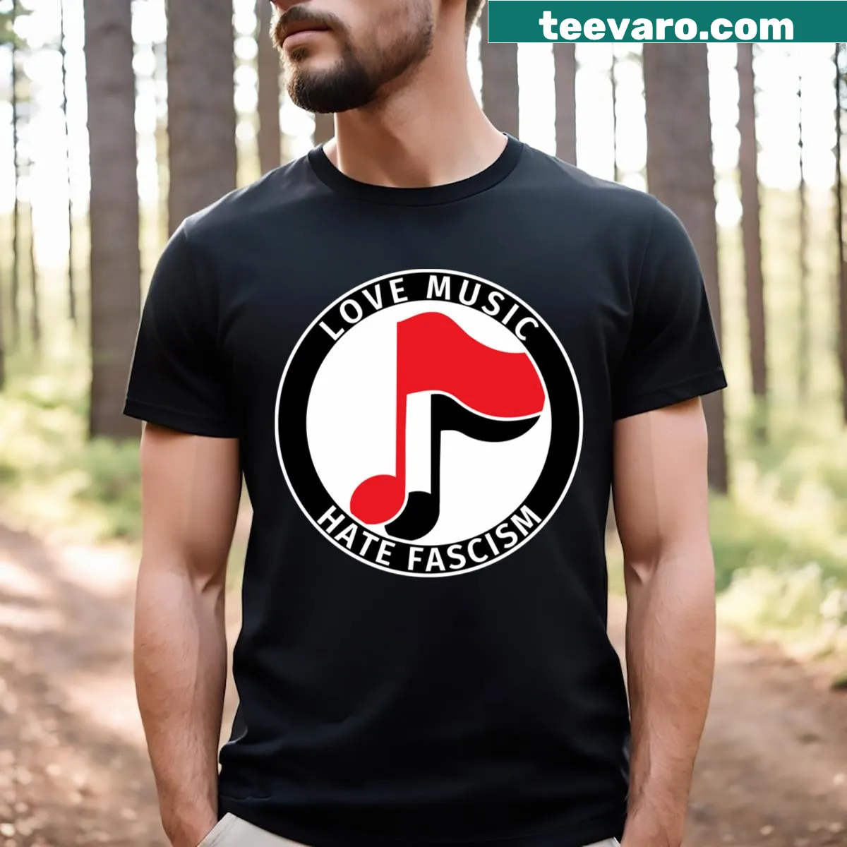 Antifa logo T-shirt with love music hate fascism message — on a men's t-shirt