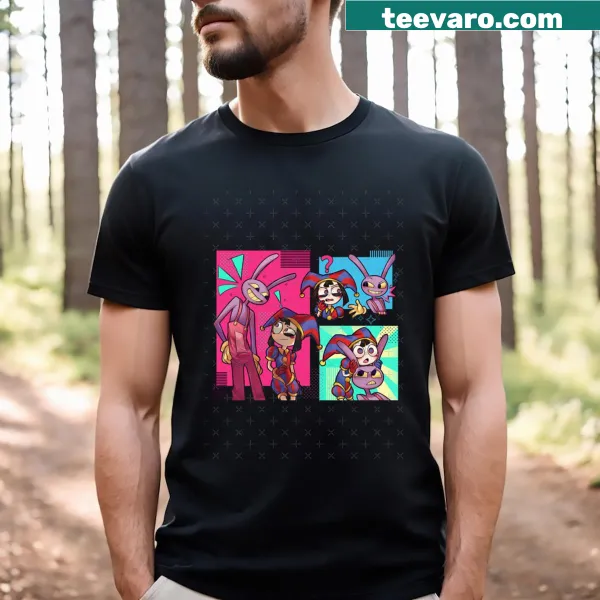 Illustrated T-shirt featuring circus art by Jax and Pomni