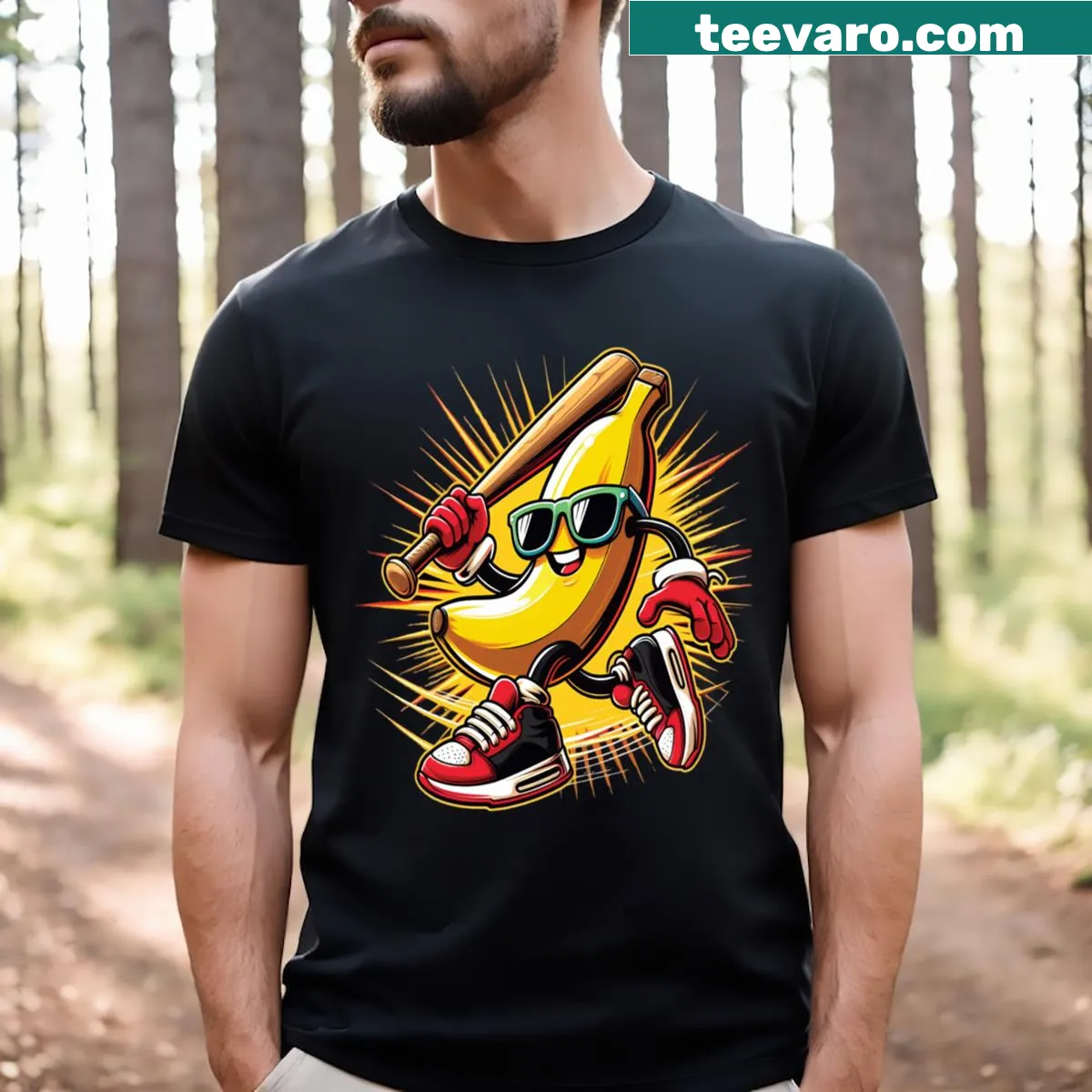 Banana Playing Baseball T-shirt featuring a fun sports illustration — on a men's t-shirt