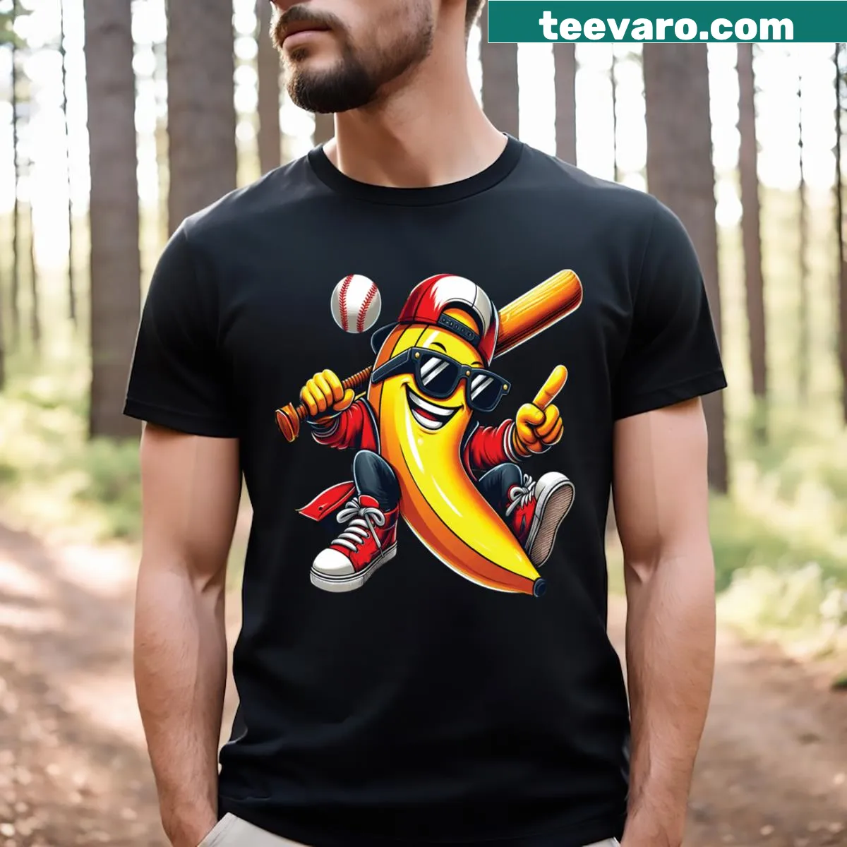 Cartoon banana playing baseball on a T-shirt — on a men's t-shirt