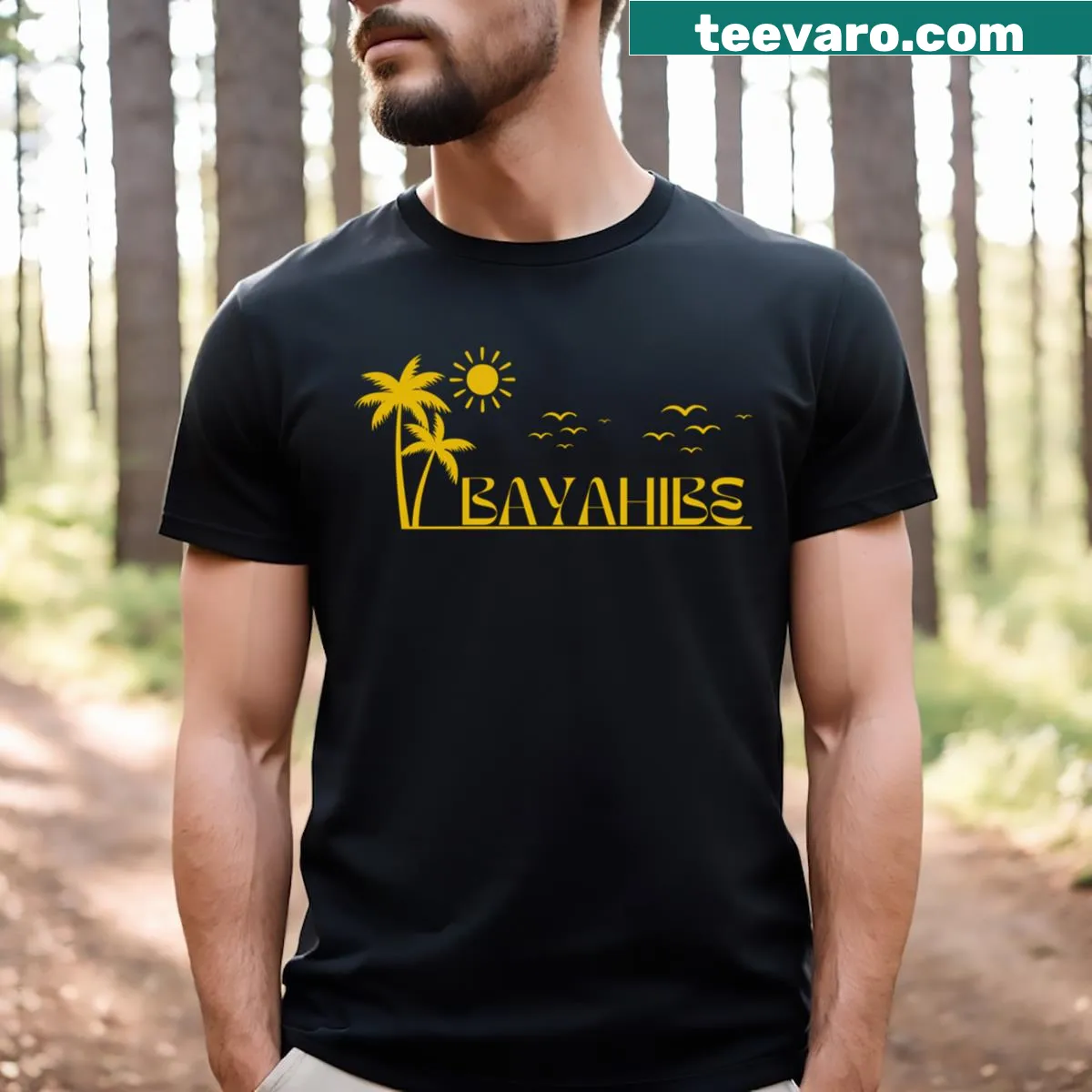 Illustrative Bayahibe Sunset shirt depicting a sunset over the sea — on a men's t-shirt