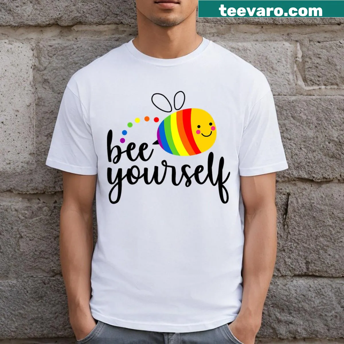 Inspirational T-shirt with 'Bee Yourself' quote and graphics — on a men's t-shirt