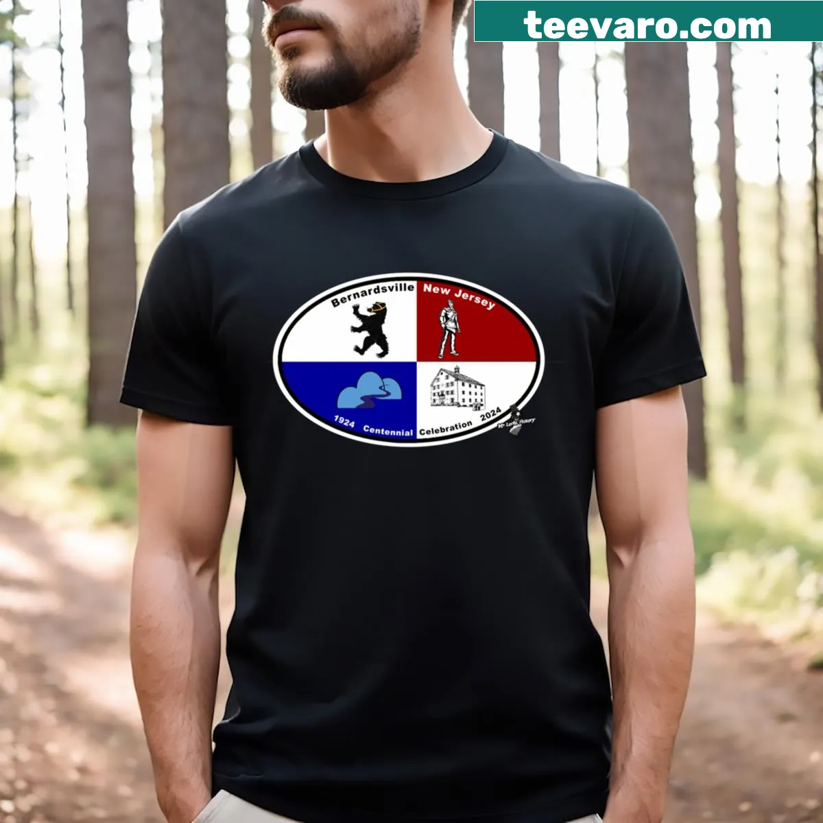 Centennial logo T-shirt representing Bernardsville, NJ. — on a men's t-shirt