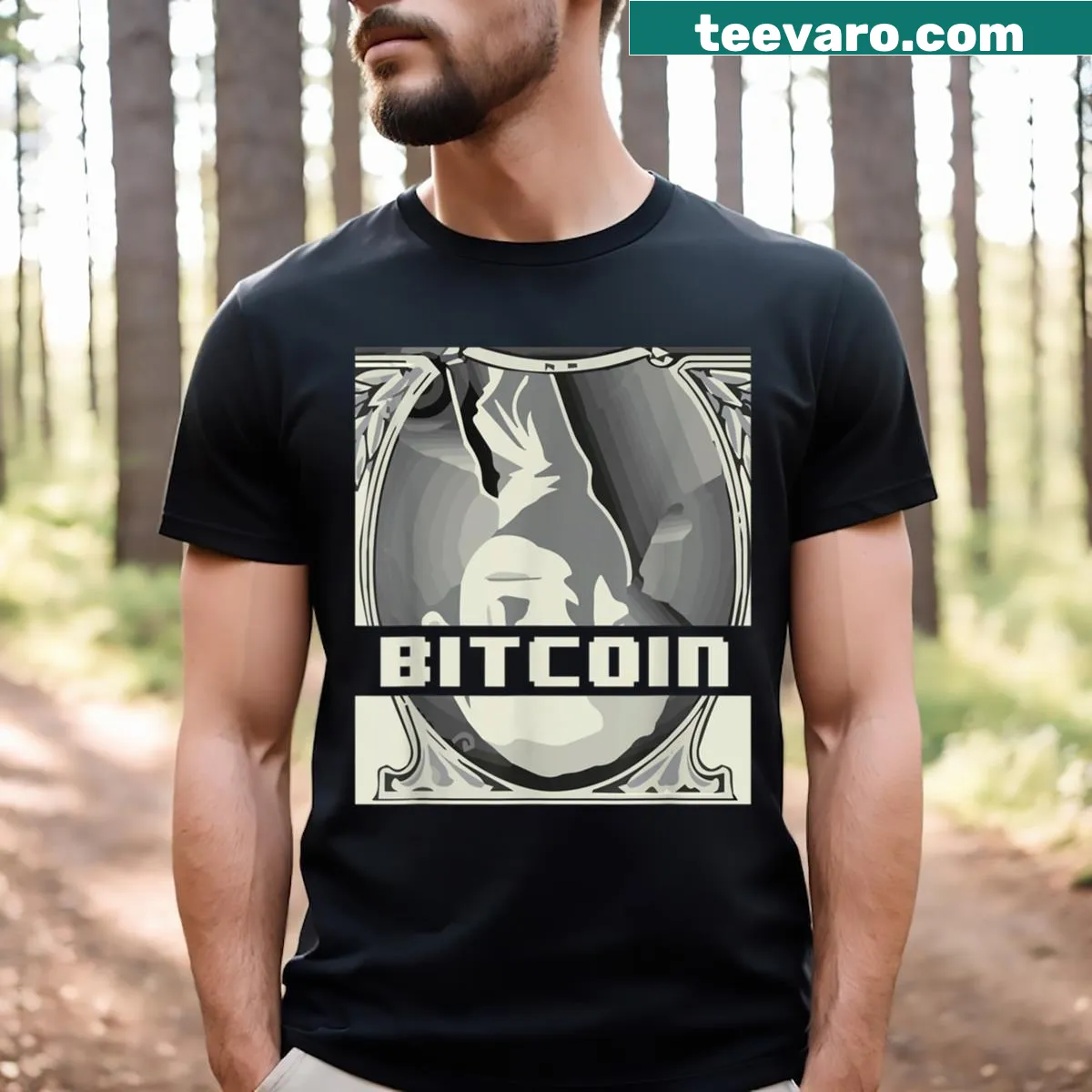 Bitcoin BTC logo printed on essential t-shirt for crypto enthusiasts — on a men's t-shirt