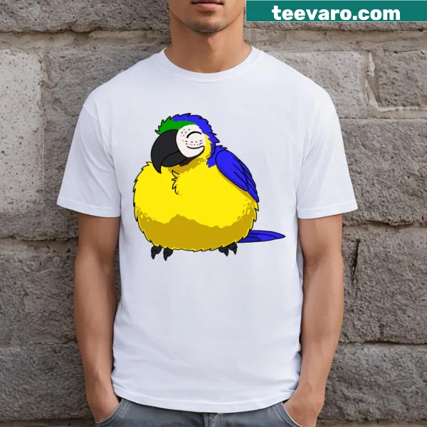 Illustrated blue macaw design on a T-shirt celebrating wildlife.