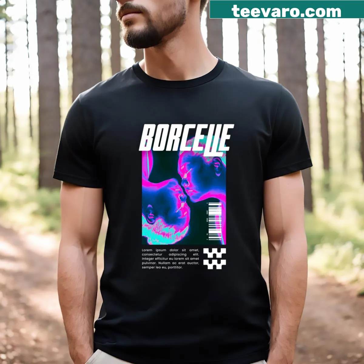 Minimalist typography T-shirt featuring 'Borcele T' — on a men's t-shirt