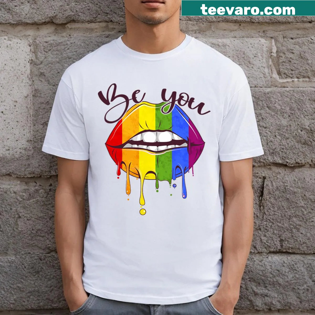 Rainbow graphic Gay Pride T-shirt with 'Be You' text — on a men's t-shirt