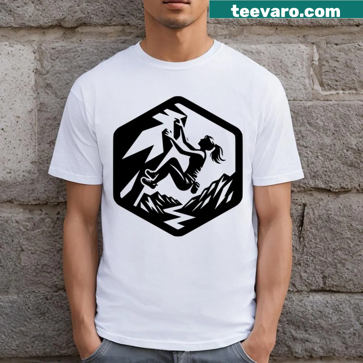 Silhouette of a woman climbing rocks on a T-shirt — on a men's t-shirt