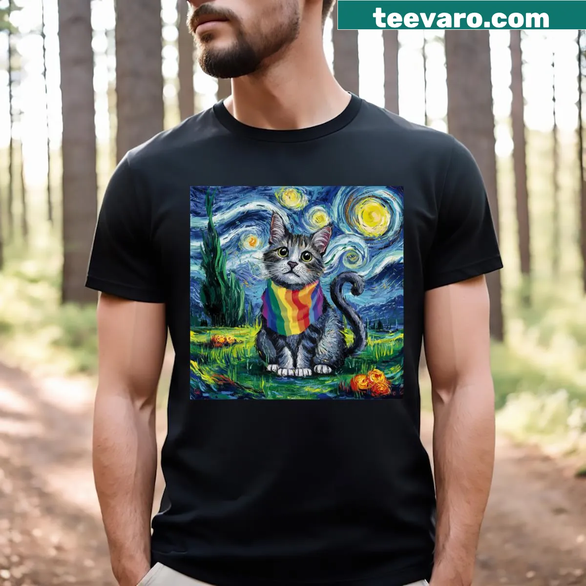 Funny cat illustration inspired by Van Gogh's Starry Night — on a men's t-shirt