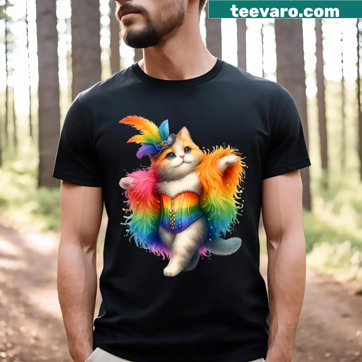 Rainbow-themed T-shirt with a cat graphic and 'Cat Lover' text for pride. — on a men's t-shirt