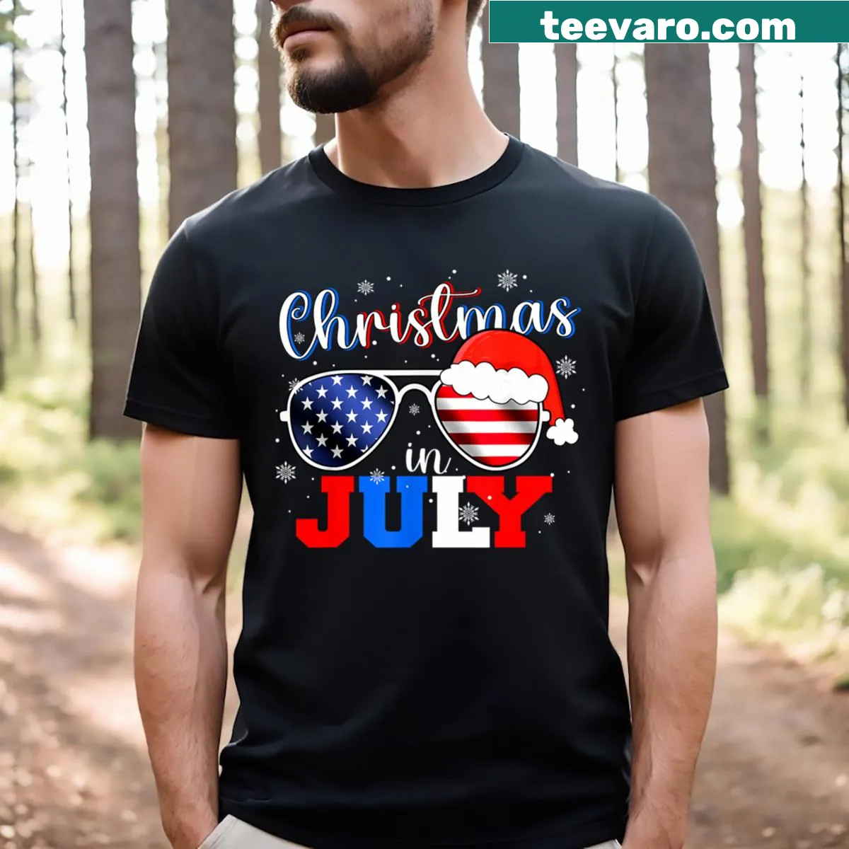 Santa in sunglasses with a hat against a USA flag background — on a men's t-shirt