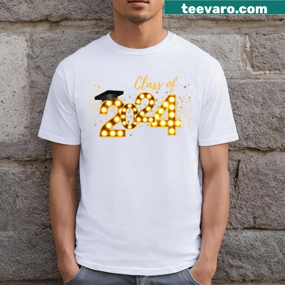Playful Class Of 2024 graduate t-shirt with sticker design — on a men's t-shirt