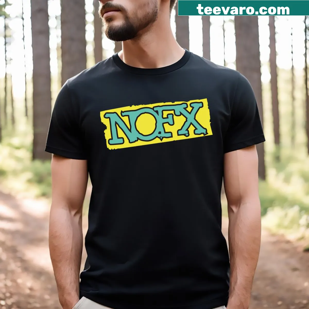 Minimalist NOFX logo on an essential t-shirt — on a men's t-shirt