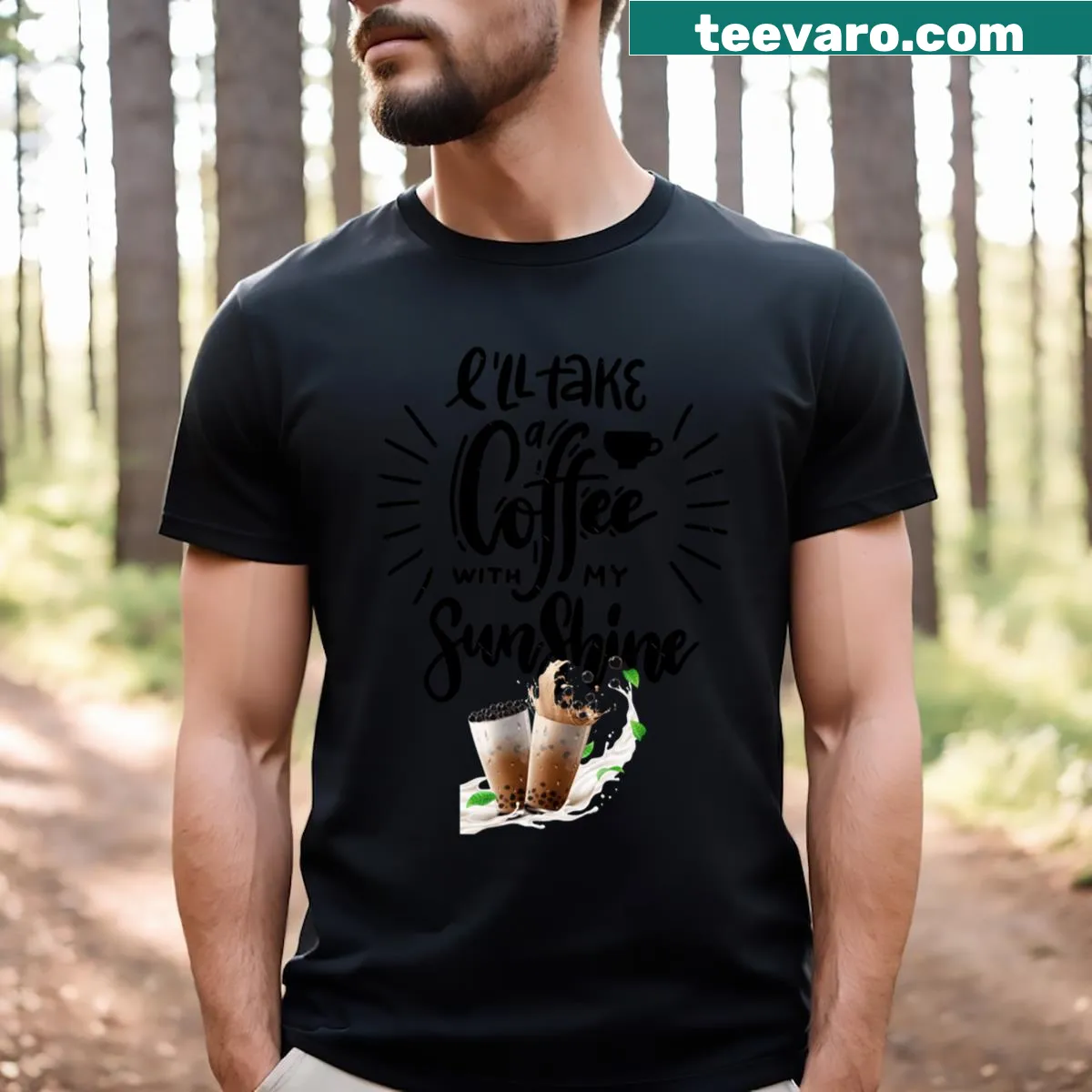 T-shirt featuring a humorous graphic of coffee with milk — on a men's t-shirt