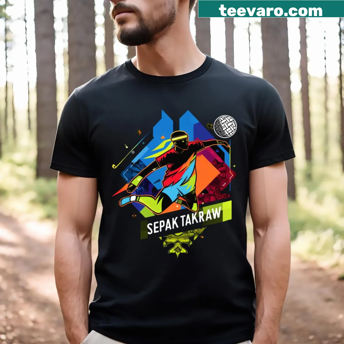Lively sepak takraw graphic on a t-shirt — on a men's t-shirt