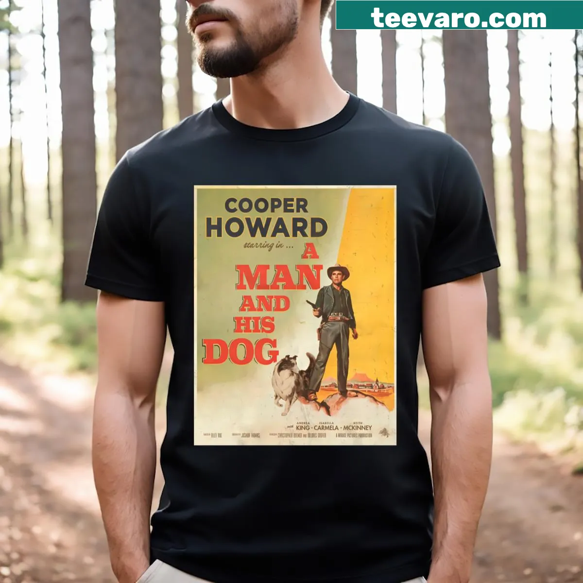 Essential T-shirt with graphic celebrating a man and his dog bond — on a men's t-shirt