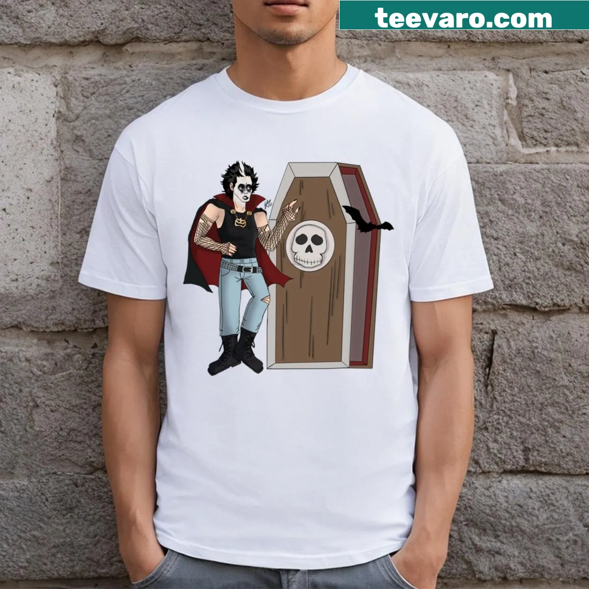A graphic T-shirt featuring Count Crowley design inspired by horror themes — on a men's t-shirt