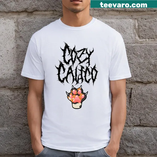 Black T-shirt featuring Cozy Calico Metal logo in retro style