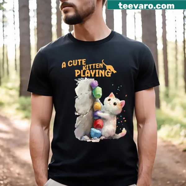 Whimsical digital art of smiling kittens on a t-shirt