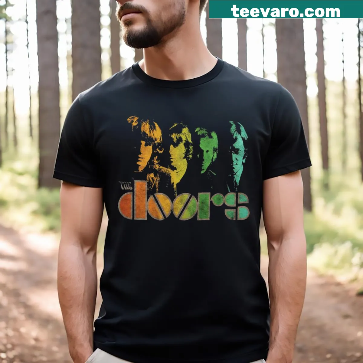 Minimalist text design saying 'Door On My Way' on a T-shirt — on a men's t-shirt