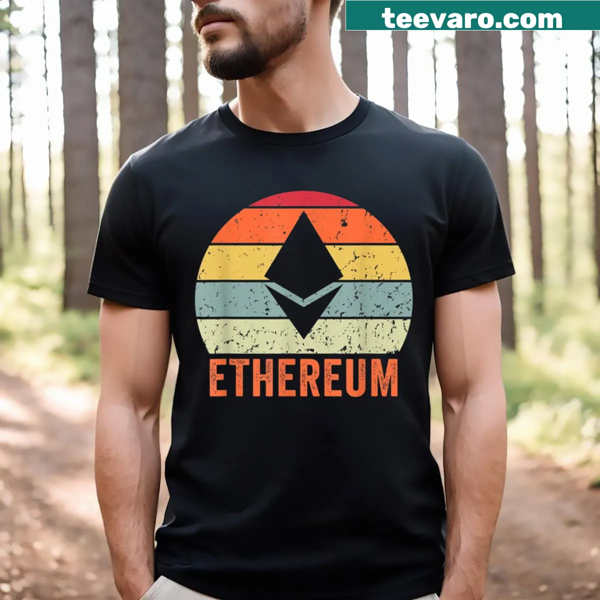 Minimalist T-shirt featuring the Ethereum logo and name — on a men's t-shirt