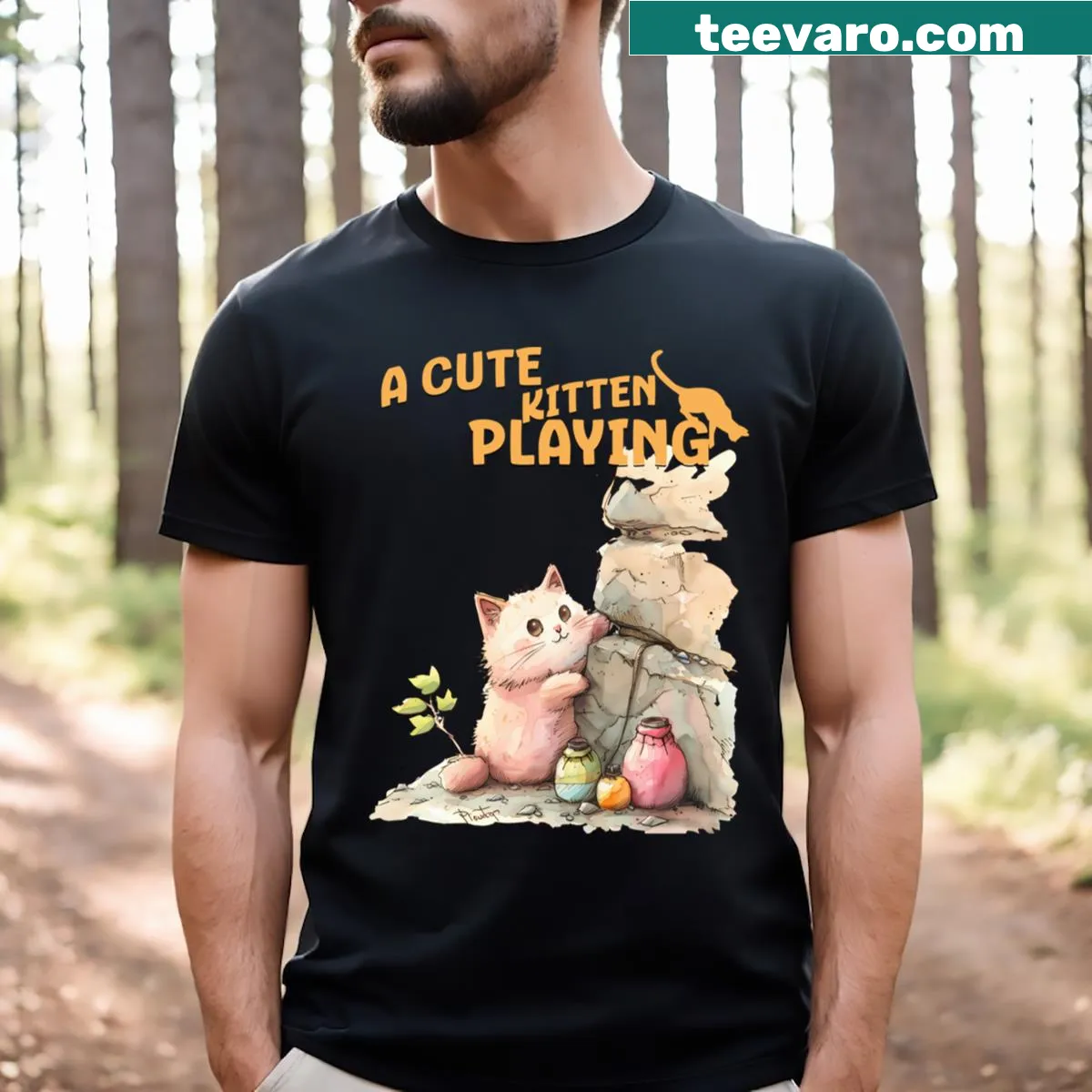 Cute pixel art T-shirt featuring playful kittens. — on a men's t-shirt