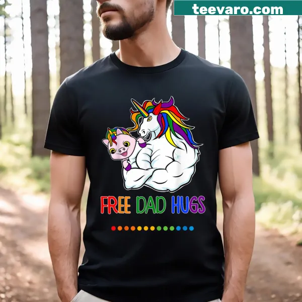 A supportive T-shirt with 'Free Dad Hugs', pride flag, and unicorn design