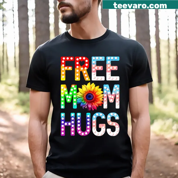 Heartwarming daisy and rainbow graphic on Free Mom Hugs Gay Pride T-shirt