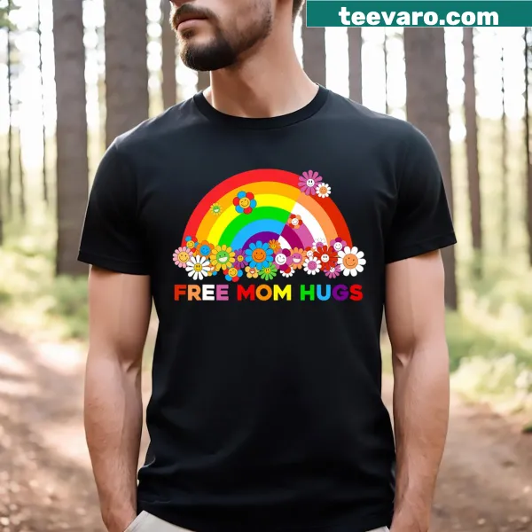 T-shirt with Free Mom Hugs and rainbow lesbian flag design