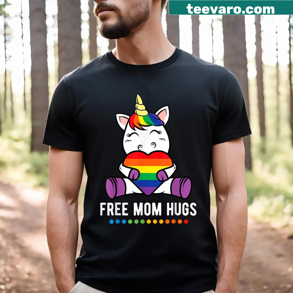Cute unicorn t-shirt featuring Free Mom Hugs and rainbow elements — on a men's t-shirt
