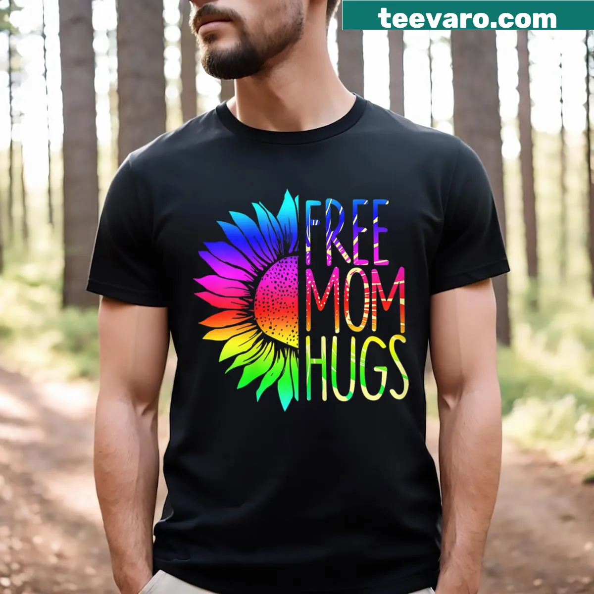 A cute T-shirt featuring 'Free Mom Hugs' with a sunflower and pride flag — on a men's t-shirt